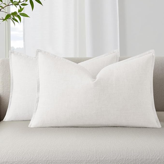 decorUhome Summer Decorative Linen Throw Pillow Covers 12x20 Inch Set of 2 Cream White Lumbar Pillow Covers with Flange Edges Soft Farmhouse Boho Accent Pillow Cases for Couch Bed Living Room