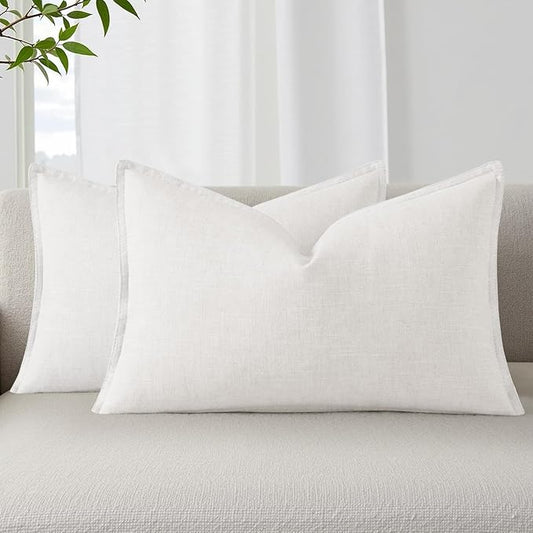 decorUhome Summer Decorative Linen Throw Pillow Covers 12x20 Inch Set of 2 Cream White Lumbar Pillow Covers with Flange Edges Soft Farmhouse Boho Accent Pillow Cases for Couch Bed Living Room