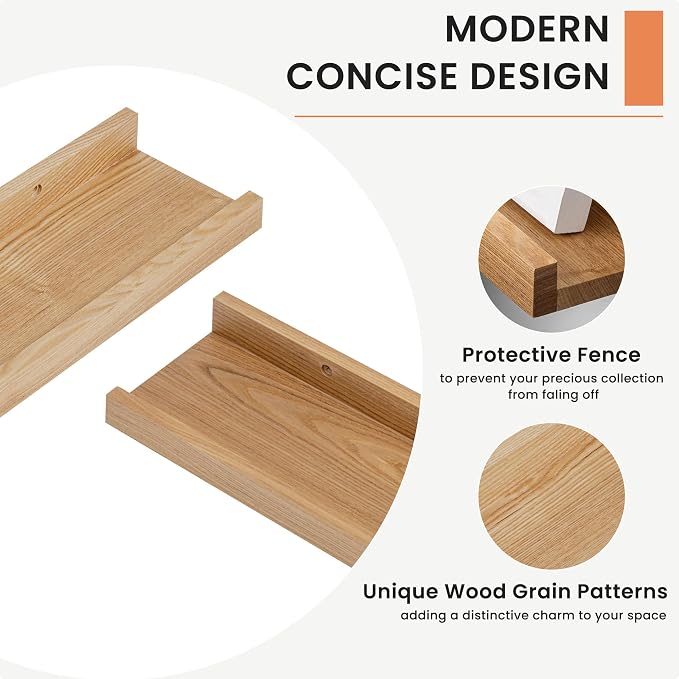 Acovy Solid Ash Wood Picture Ledge Shelf, 72 inch, Natural | Set of 2, Wall Mounted, For Living Room Kids' Room Bedroom