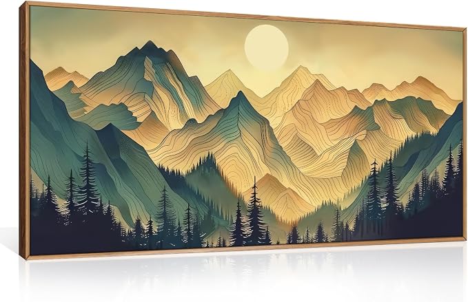 Boho Green Mountain Landscape Framed Canvas Wall Art Set,Abstract Sun Forest Scenery Wall Decor,Bohemian Ridge Lines Pine Tree Artwork for Living Room,Bedroom,Dining Room,Office-40 x20 x1