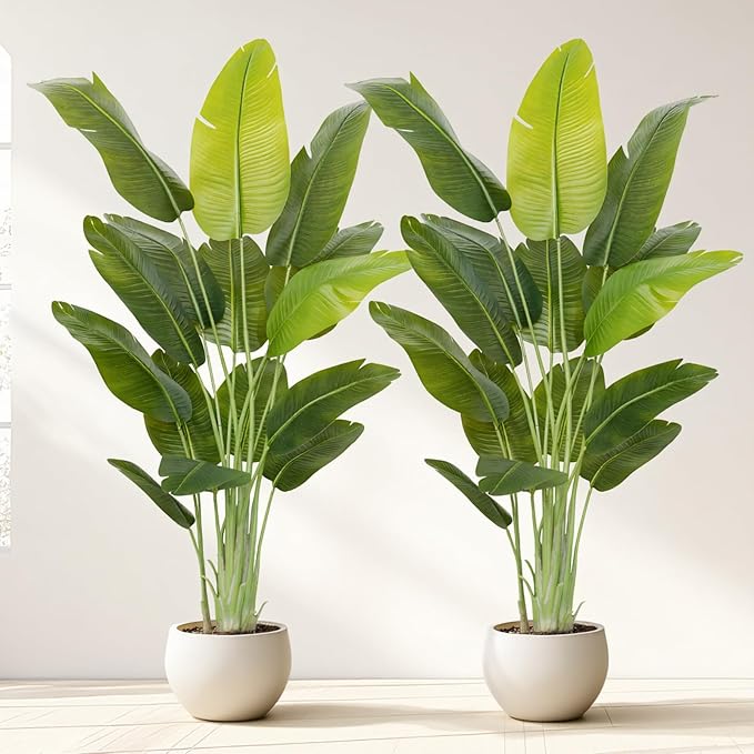 Lifelike Bird of Paradise Artificial Plant,6.6ft Faux Banana Leaf Tree with 15 Trunks - Perfect Indoor Silk Floor Plant for Home Decor in Living Room, Office, and Bedroom (Set of 2)