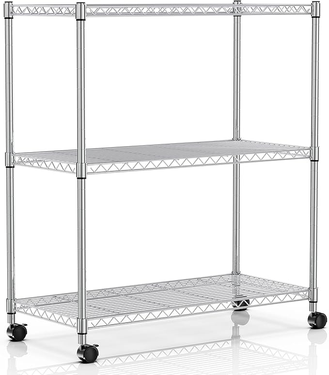 Simple Deluxe 3-Tier Heavy Duty Storage Shelves 750Lb Capacity, 24.02" D x 13.78" W x 29.92" H Adjustable Shelving Unit with Wheels, Chrome