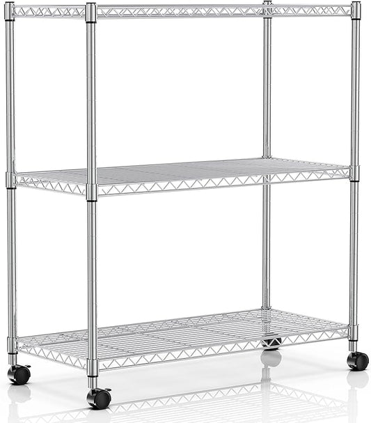 Simple Deluxe 3-Tier Heavy Duty Storage Shelves 750Lb Capacity, 24.02" D x 13.78" W x 29.92" H Adjustable Shelving Unit with Wheels, Chrome