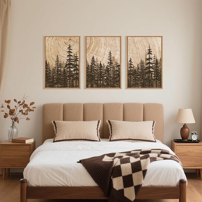 Forest Pine Tree Framed Canvas Wall Art Set,Rustic Woodland Landscape Wall Decor,Large Vintage Natural Painting,Retro Brown Artwork for Living Room,Bedroom, Kitchen,Study,Office-16 x24 x3
