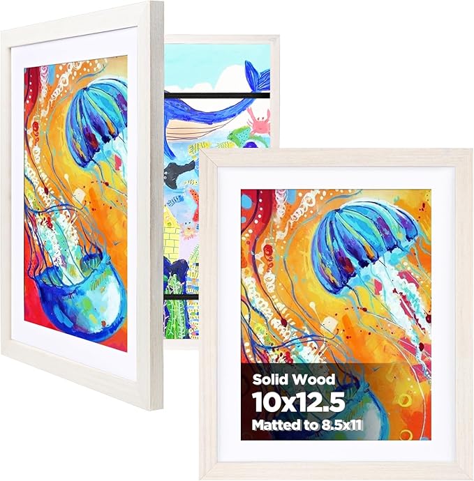 KINLINK 10x12.5 Kids Art Frame Set of 2, Solid Wood Kids Artwork Frames Changeable with Front Opening Hold 150 Pictures, Art Frames for Kids Art with Mat，without Mat 10x12.5 Picture Frame White Wood