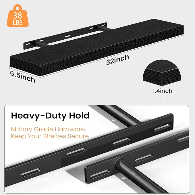 Fun Memories Floating Shelves for Wall, 32 Inch Set of 2 Rustic Wood Wall Shelves with Invisible Brackets, Heavy Duty Storage Display for Living Room Bedroom Kitchen, Black