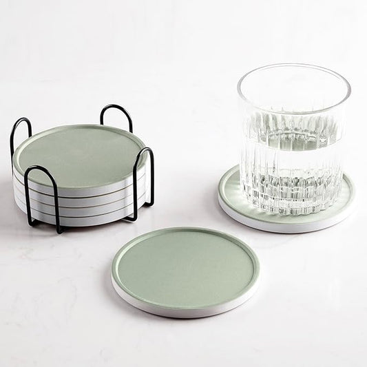 Set of 6 Sage Green Coasters with Holder, Absorbent Ceramic Drink Coasters with Cork Backing for Table Protection, Table Decor, Housewarming Gifts