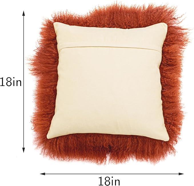 Real Tibetan Mongolian Lamb Fur Throw Pillow Cover Sheepskin Wool Fur Decorative Pillow Case Cushion Cover,Caramel, 18''x18''