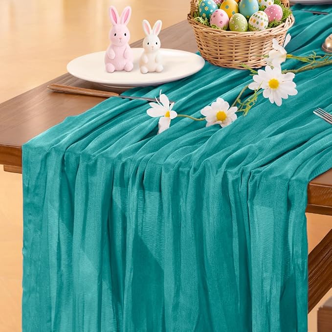 Socomi 10pcs Teal Blue Cheesecloth Table Runner Boho Rustic Gauze 120 inch 10FT Cheese Cloth Runner for Wedding Party Baby Shower Birthday Home Decor Holiday Decorations