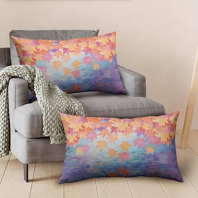 Fall Lumbar Pillow Covers Maple Leaves Thorw Pillow Covers 12x20 Set of 2 Autumn Maple Leaf Teal Double Sided Printing Rectangular Pillowcase for Home Decor Couch Sofa