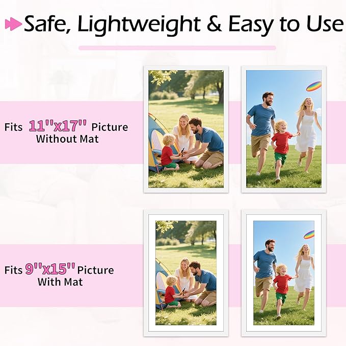 11x17 Picture Frame, Vertical or Horizontal Wall Hanging Frame for Photos, Posters & Art Prints, Display Pictures 9x15 with Mat or 11 x 17 Without, White Frame with Clear Plexiglass, 2 Pack