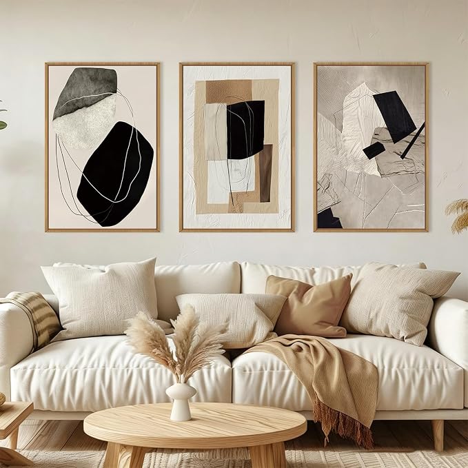 DRACIT Large Abstract Neutral Framed Canvas Wall Art Set,Modern Beige Black Artwork for Walls,Minimalist Block Wall Decor for Living Room, Bedroom,Office-16 x24 x3