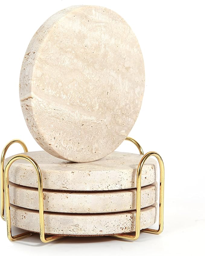 4Pcs Travertine Coasters with Nature Limestone Material and Gold Metal Holder, 4”Diameter Round Shape Bar Coasters Set with Cork Pad for Housewarming Christmas Birthday Gift