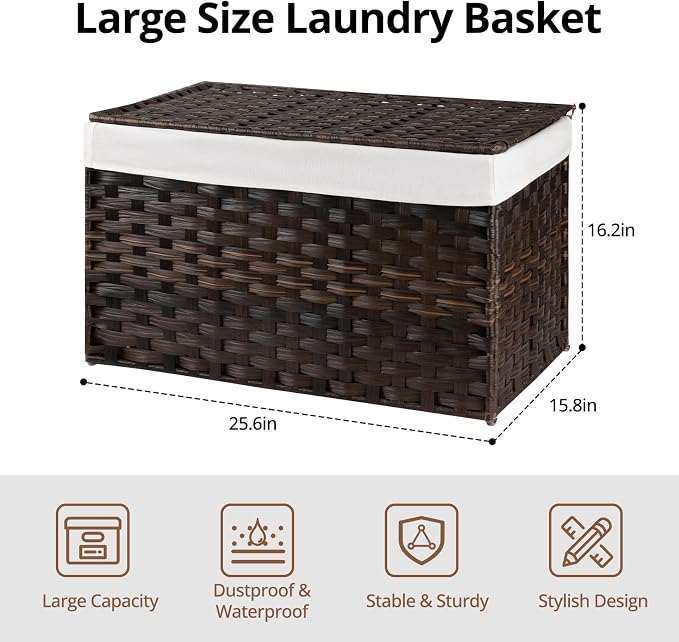 OIAHOMY Storage Basket with Lid, 27.7 Gallon (105L) Blanket Basket with Removable Liner Bag, Synthetic Wicker Hamper with Handle, Large Hamper for Bedroom, Brown