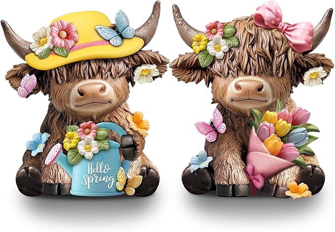 Karenhi 2 Pcs Highland Cow Figurines Spring Flower Highland Cow Gnomes Scottish Resin Statue Calf Lovers Gifts for Home Garden Kitchen Office Tiered Tray Table Decor