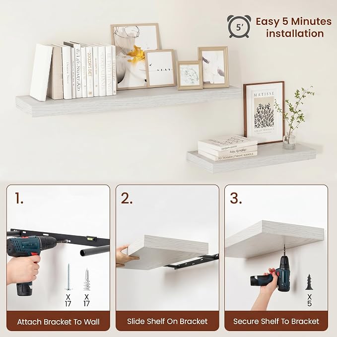 Vivelove 12 Deep Floating Shelves for Wall, 16 Inch Shelves for Room Wall Mounted, 2" Thick Floating Shelf for Living Room Bedroom Bathroom Kitchen Laundry Room, Set of 2 White Birch