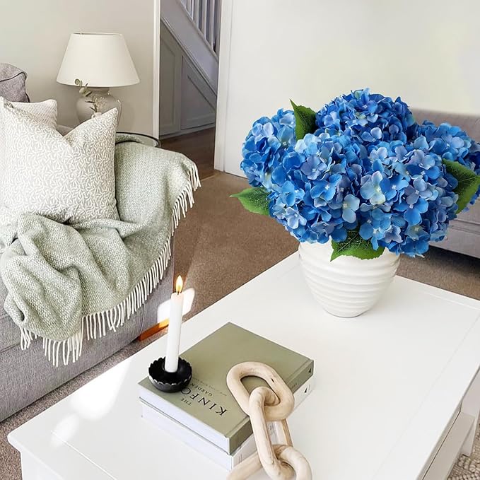 JINWOE Royal Blue Fake Hydrangea Artificial Flowers, 5Pcs 20Inch Large Lifelike Silk Artificial Hydrangeas, Full Fake Flowers for Bouquet Table Centerpieces Wedding Indoor Home
