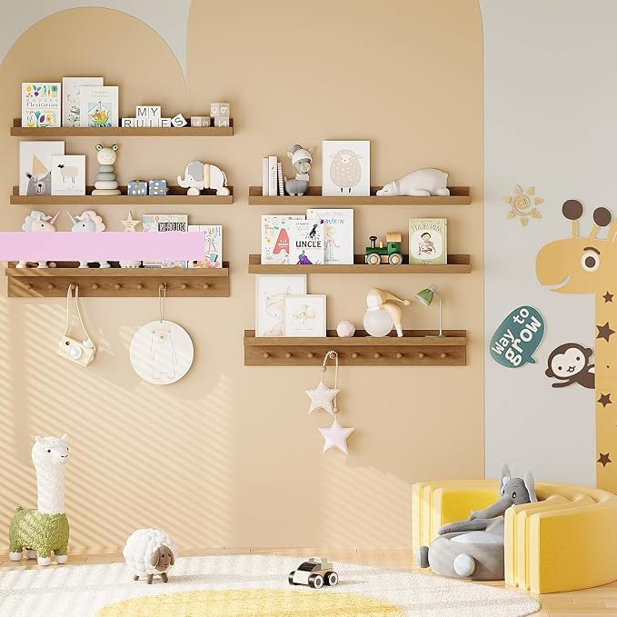 MBYD Solid Wood Light Walnut Floating Nursery Shelves for Living Room, 36 Inch Wall Shelf with Hooks & Wooden Pegs, Picture Ledge to Organize Kitchen Decor, Declutter Small Items & Hang Accessories