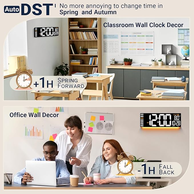 16.5" Large Digital Wall Clock with Remote Control, Auto-Dimming LED Display with Date Temp, Big Number Wall Mount Decor Clock for Seniors, Classroom, Dorm, Home, Office, Gym White