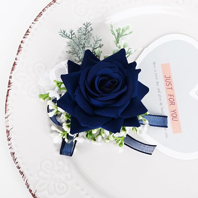 MAFELOE 2 Pieces Homecoming Party Prom Artificial Wrist Corsage and Boutonniere Set, Groom Groomsmen Bride Bridesmaids Wedding Simulation Flowers Accessories - Navy Blue