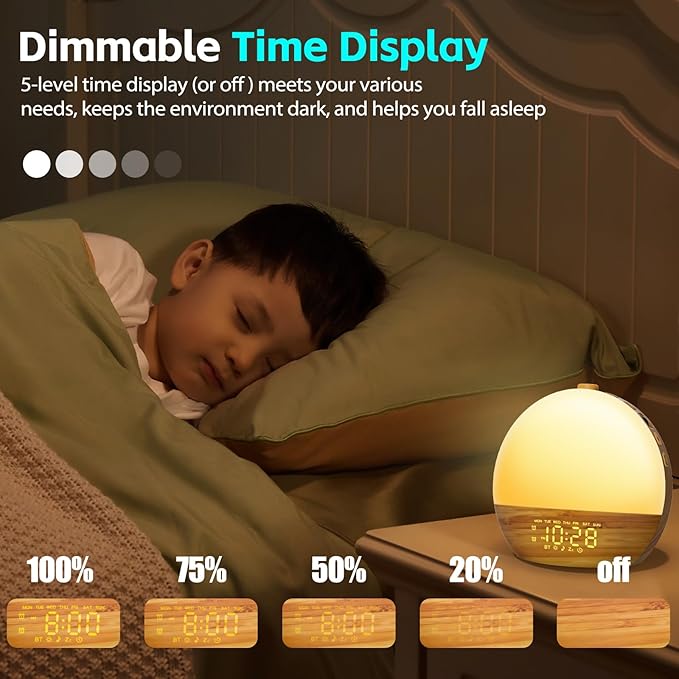 Geuuap Wood Grain White Noise Sound Machine Sunrise Alarm Clock with 25 Soothing Sounds, 17 Dimmable Night Lights, Bluetooth Speaker Wake Up Light alarm clocks for bedrooms, Heavy Sleepers, Baby, Kids