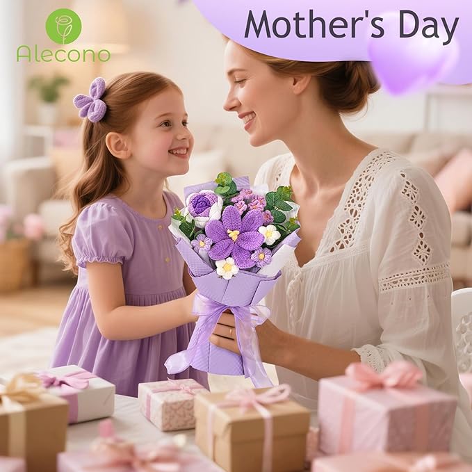 Alecono Crochet Flower Bouquet, Knitted Flowers, Purple Handmade Bouquet of Flowers for Lover Anniversary Birthday Party Mother's Day Graduation Gifts (Include Card)