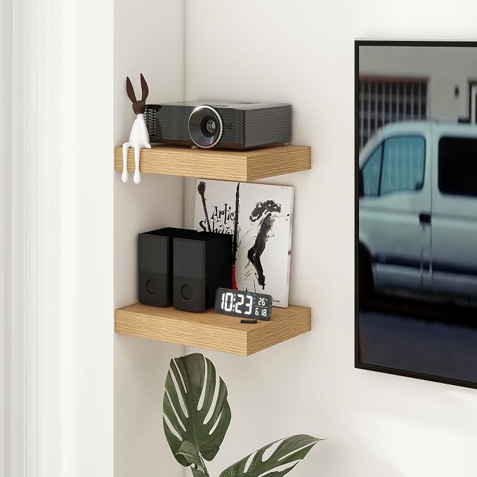 FLYJOE 12 Inch Deep Floating Shelves, 16'' Oak Floating Shelves Set of 2 | 12'' Deep Shelves for Wall, 16'' x 12'' Rustic Oak Shelves for Living Room Bathroom Kitchen Bedroom