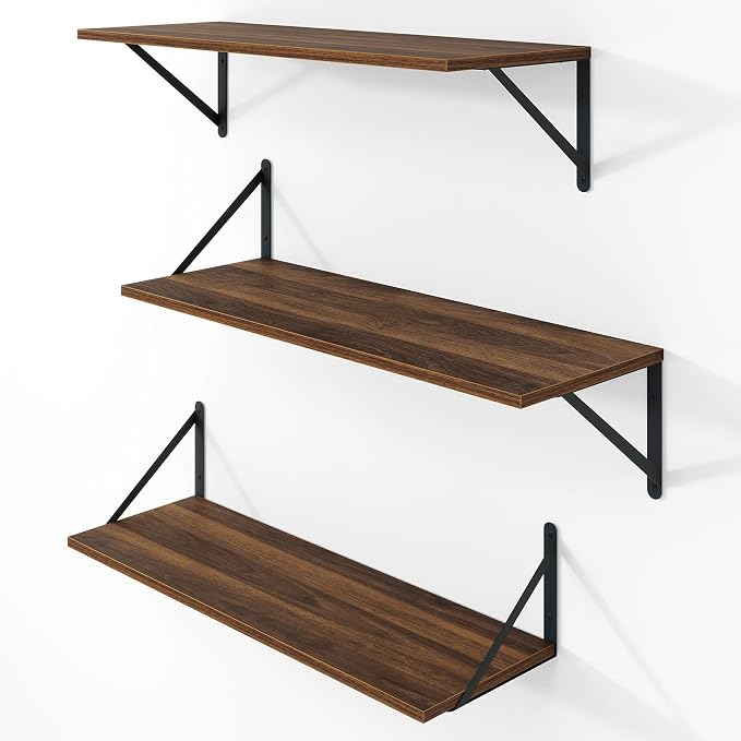 Vivelove 8 Inch Deep Floating Shelves for Wall, 24W x 8D Wood Wall Shelves Set of 3, Walnut Wide Floating Bookshelf for Living Room, Kitchen, Office, Bedroom, with Black Metal Bracke - Walnut
