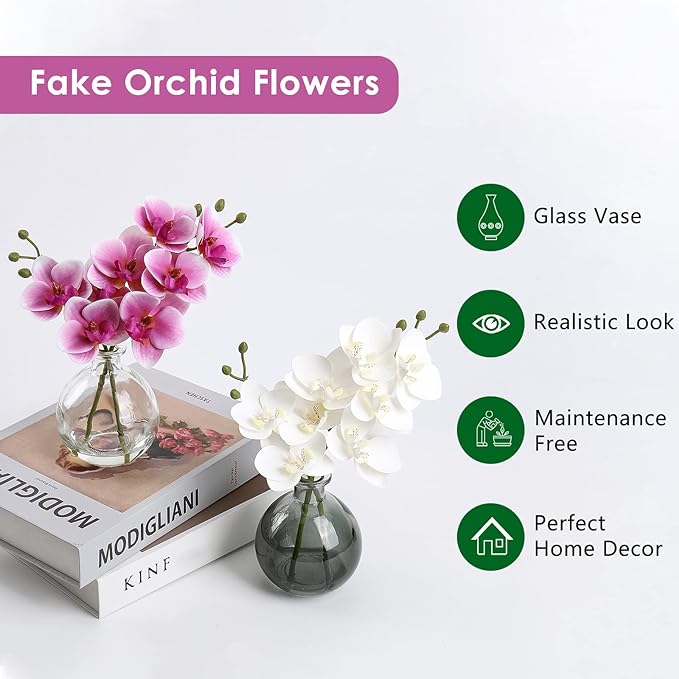 Oairse Pink Orchids Artificial Flowers Faux Orchid Arrangement with Clear Glass Vase Set of 2 Real Touch Phalaenopsis Orchid Flowers Orchid Centerpiece for Dining Room Table