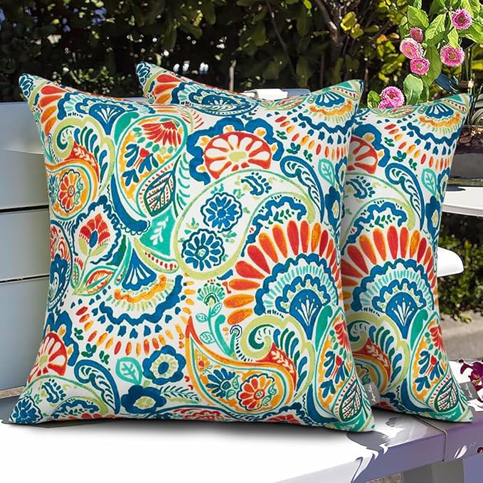 Magpie Fabrics Patio Pillow with Insert 18"x18", Set of 2, Fade-Resistant Outdoor Indoor Cushion Decorative Throw Pillow Decoration for Couch Garden Furniture - Paisley Multi