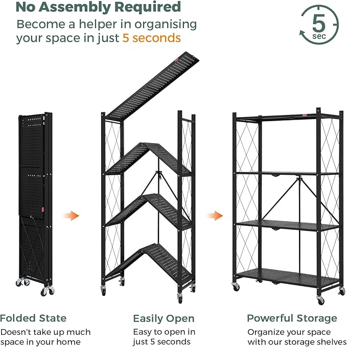DEANIC 4 Tier Foldable Storage Shelves with Wheels, Large Capacity Shelving Unit, Freestanding Metal Wire Shelf Rack, No Assembly Organizer Rack for Garage Kitchen, Basement, Pantry(Black Pack of 2)