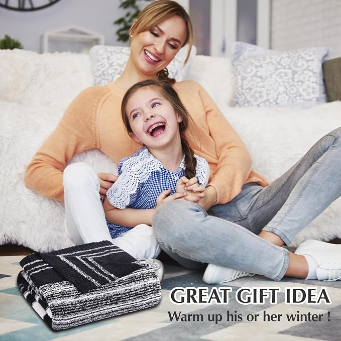 WRENSONGE Soft Throw Blanket for Couch-Cozy Reversible Knitted Blankets | Lightweight Warm Fluffy Decor for Women, Mom, Her & Girls, Sofa, Chair, Bed, 50x70in,Black White Stripe