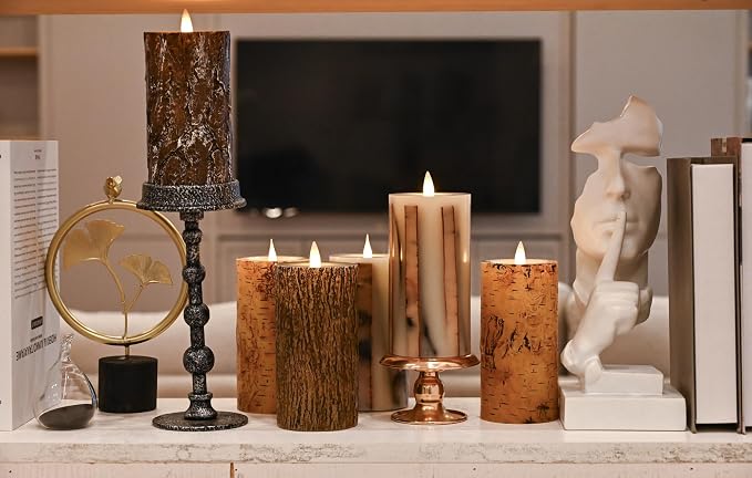 Brown Bark Flameless Pillar Candles Flickering with Remote Timer, Battery Operated LED 3D Moving Flame Real Wax Candles, Set of 2, D3 x H6,Remote Included (Cinnamon)