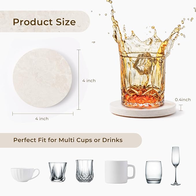 Natural Marble Coasters Set of 4-4" Round Stone Drink Coasters, Non-Slip Cork Backing, Housewarming Gift, Wedding, Protect Tables from Stains & Scratches Cream Grey (WH117)