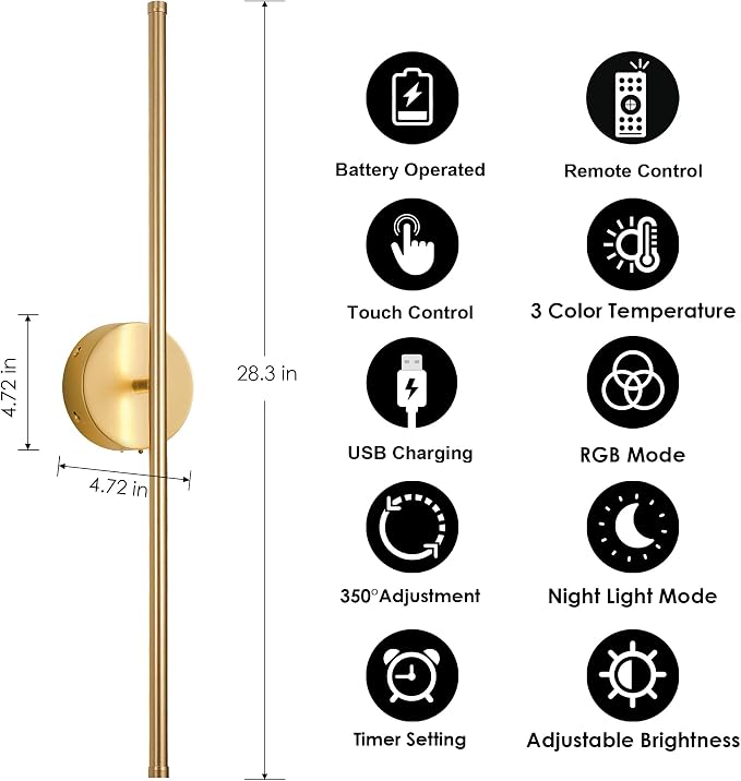 KARTOOSH Battery Operated Wall Sconces Set of Two, with Remote Control, Dimmable, Warm White/Natural White/Daylight/RGB, 350°Rotate, LED Gold Wireless Wall Light for Living Room, Bedroom, 28.3 Inch