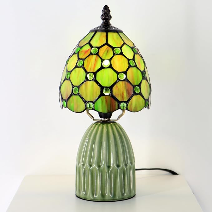 Tiffany Stained Glass Mushroom Table Lamp 12.5 Inch -Brownish Green | Tiffany Lamp,6X6X12.5 Inch,Small Night Light,Ceramic Base, Mini Accent Light Suitable,Bedside,Bedroom, Children Room,Antique