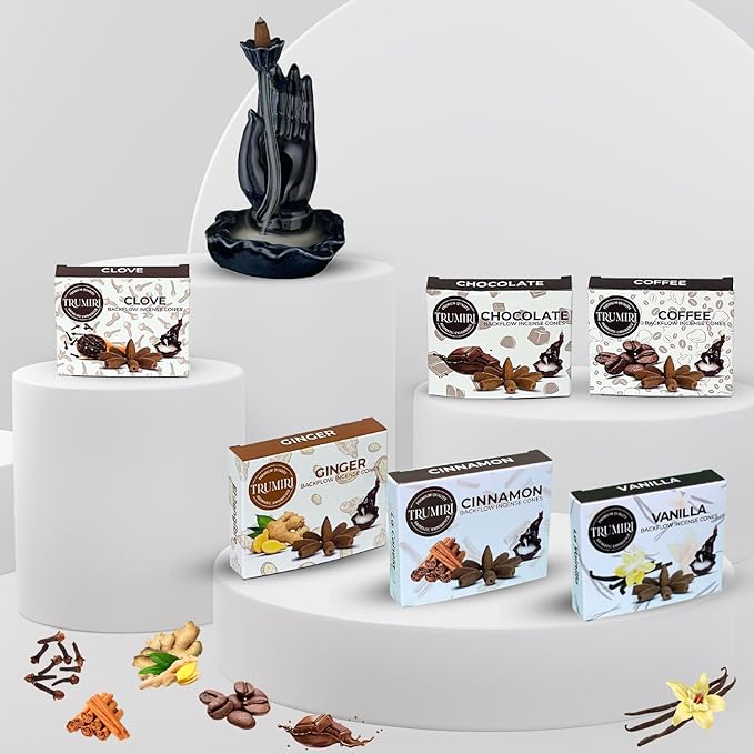 Gourmet - Backflow Incense Cones for Waterfall - Scented Inscents-Cones - Cinnamon, Vanilla, Coffee, Chocolate, Clove, Ginger - Insiensos Aromaticos - 6x10=60 Large Variety Pack