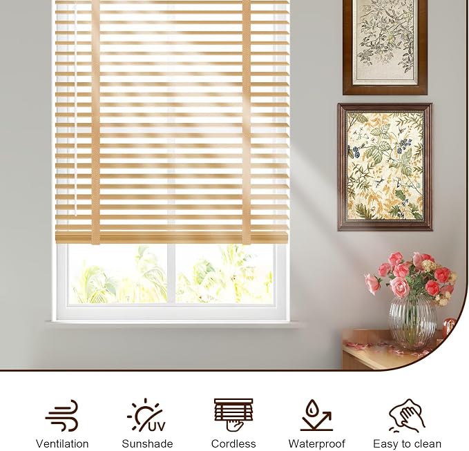 2" Cordless Real Wood Blinds for Indoor Windows, Natural, 36" W x 48" H | Horizontal Venetian Blinds with Tilt Wand, Light Filtering, Privacy Control, Easy Installation for Bedroom, Living Room
