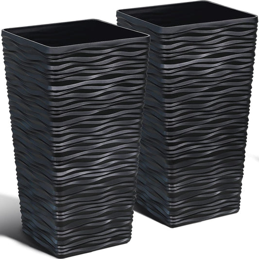 Worth Garden 2-Pack Black Tall Planter - Plastic Square Tapered Tree Plant Pots for Indoor Outdoor - 22" H - Modern Wavy Finish Decorative Flower Pots for Front Porch Containers Patio Deck