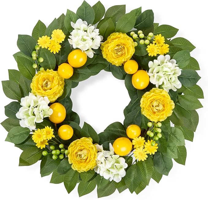 Summer Lemon Wreaths for Front Door, 22 Inch Yellow Summer Wreath Decorations with Peony, Hydrangea, Berries for Farmhouse Porch Wall Window Home Kitchen Decor