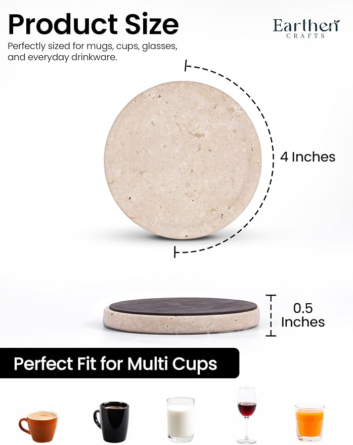Travertine Marble Coasters Set of 4 for Drinks 4 Inches Round Drink Coaster for Kitchen Countertop, Modern Home Decor and Perfect for Gifting