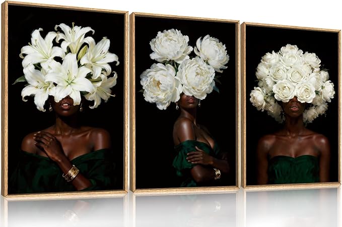 HPINUB Black Woman Framed Canvas Prints Wall Art Set, Abstract White Hydrangea Wall Decor, Vintage African American Girl Art Photos for Living Room, Bedroom, Dining Room, Office, Bathroom - 16"x24"x3