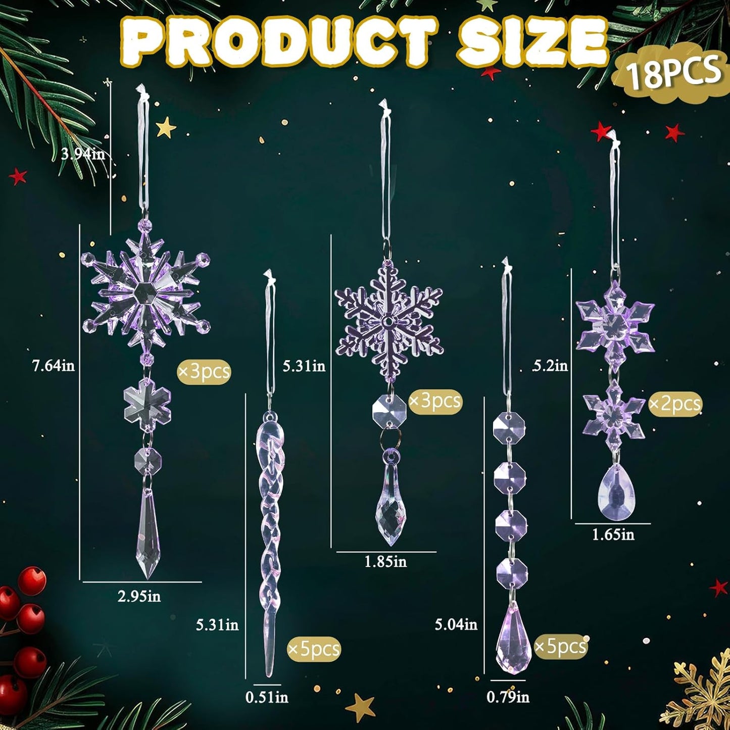 18pcs Crystal Christmas Ornaments for Christmas Tree Decorations-Purple Hanging Acrylic Snowflake and Icicle Ornaments with Drop Pendants for New Year Party Decorations Supplies