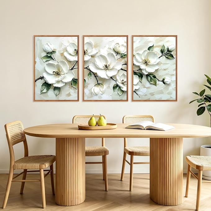 CHDITB 3D Neutral Beige Impasto White Magnolia Floral Textured Framed Canvas Wall Art Set, Minimalist Relief Wall Decor, Modern Texture Art Prints for Living Room Hallway Bedroom Home Decor 24"x36"x3