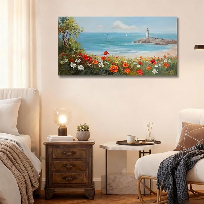 Ardemy Lighthouse Framed Canvas Wall Art for Living Room Blue Ocean Painting Seascape Landscape Coastal Picture Textured Bedroom Artwork Home Office Wall Decor, Large 48"x24"