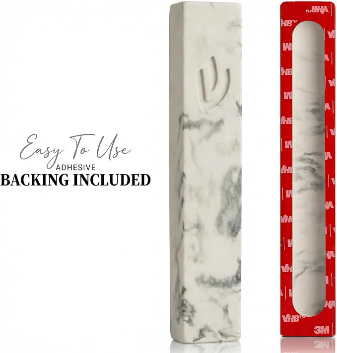 SURI Mezuzah for Door – 5 Inch Marble Off-White Concrete Mezuzah Case with Non Kosher Scroll, Self-Stick Jewish Entry Design, Fits a 4 Inch Scroll, Gift Box Included