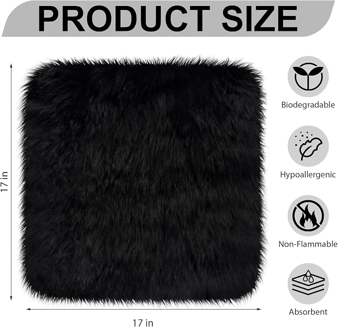 Drydiet 2 Pcs Natural Sheepskin for Bed Sores and Skin Imitation Wool Medical Sheepskins with Non-Slip Back for Pain Relief and Discomfort, Wool Seat Pad, 17 in x 17 in(Square,Black)