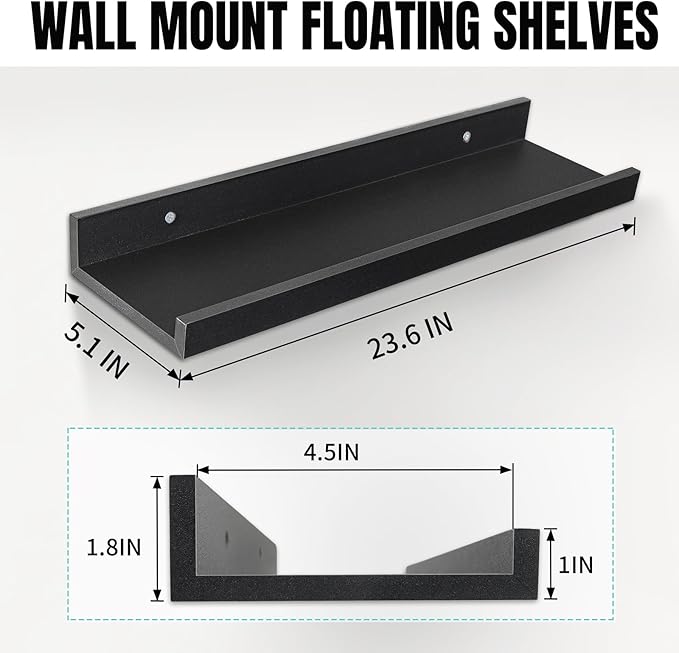 LaVie Home 23.6-Inch Black Floating Shelves for Wall Storage Set of 4 - Modern Minimalist Picture Ledge Shelf Wall Decor for Kitchen, Bedroom, Bathroom, and Living Room
