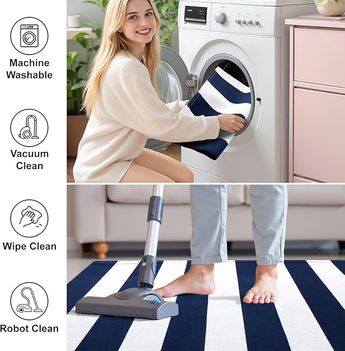 OLANLY Navy and White Striped Rug 3' x 5' – Washable Cotton Indoor Outdoor Doormat for Front Door, Entryway, Kitchen, Porch, Patio Decor