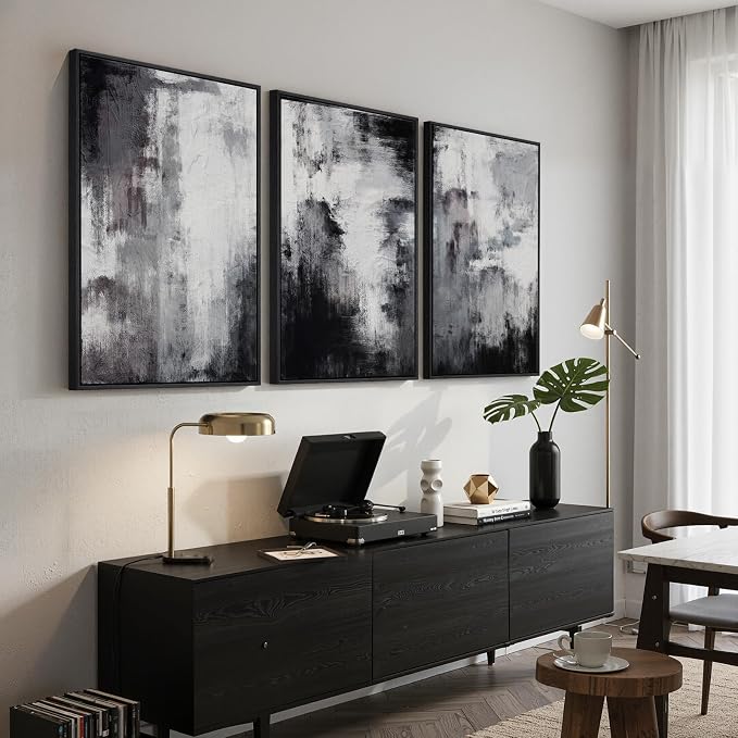 Framed Black and White Abstract Wall Art for Living Room, Large 3 Piece Modern Grey Canvas Artwork for Walls, Minimalist Abstract Prints Pictures Home Office Dining Room Hallway Wall Decor, 24x36 In